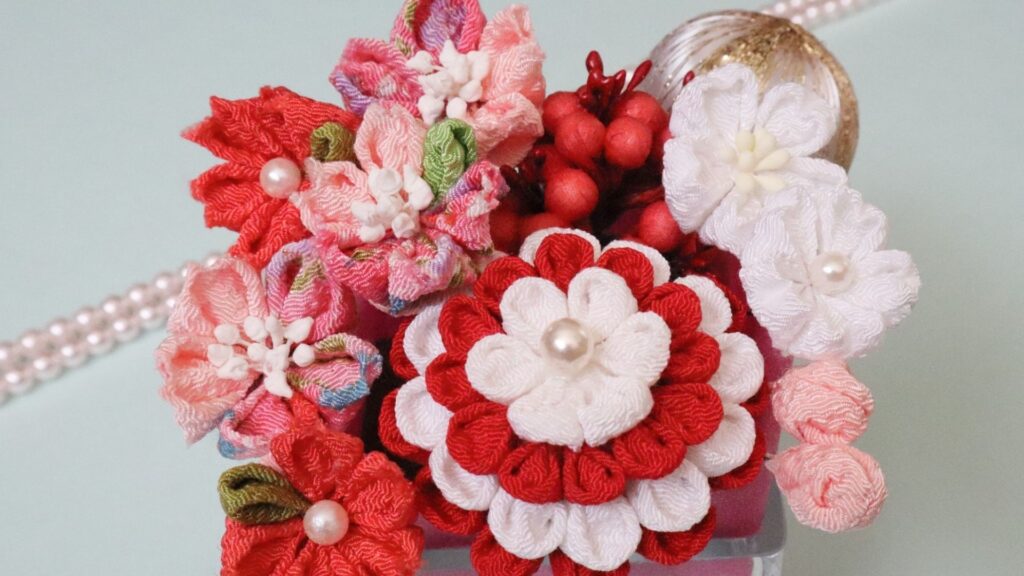 tsumami zaiku en bouquet de fleurs