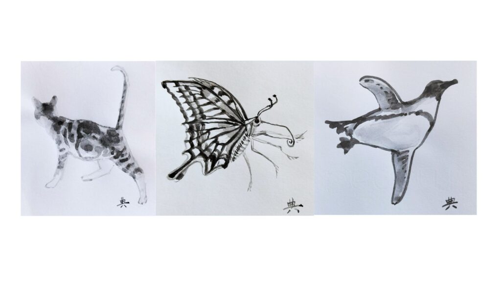 3dessins à l'encre de chine chat+papillon+manchot